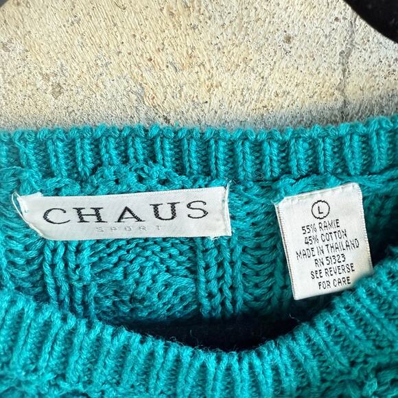 Vtg 80s Sweater Chunky Cable Knit Teal Crew Pullover Womens L Chaus Sport Preppy - Picture 3 of 9